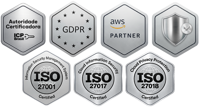 Selos de segurança da ZapSign: Autoridade Certificadora ICP-Brasil, GDPR, AWS Partner, Validador, ISO 27001, ISO 27017 e ISO 27018
