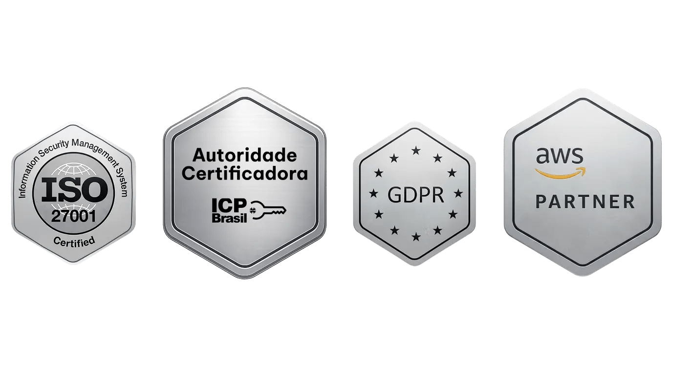 Selos exibidos pela ZapSign: ISO 27001, Autoridade Certificadora ICP-Brasil, GDPR e AWS Partner